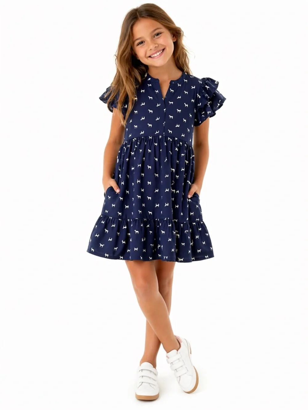 Nordstrom Navy Dog-Print Ruffle Sleeve Tiered Dress